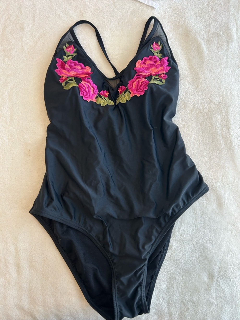 Xhilaration Black One-Piece Swimsuit with Pink Rose Embroidery